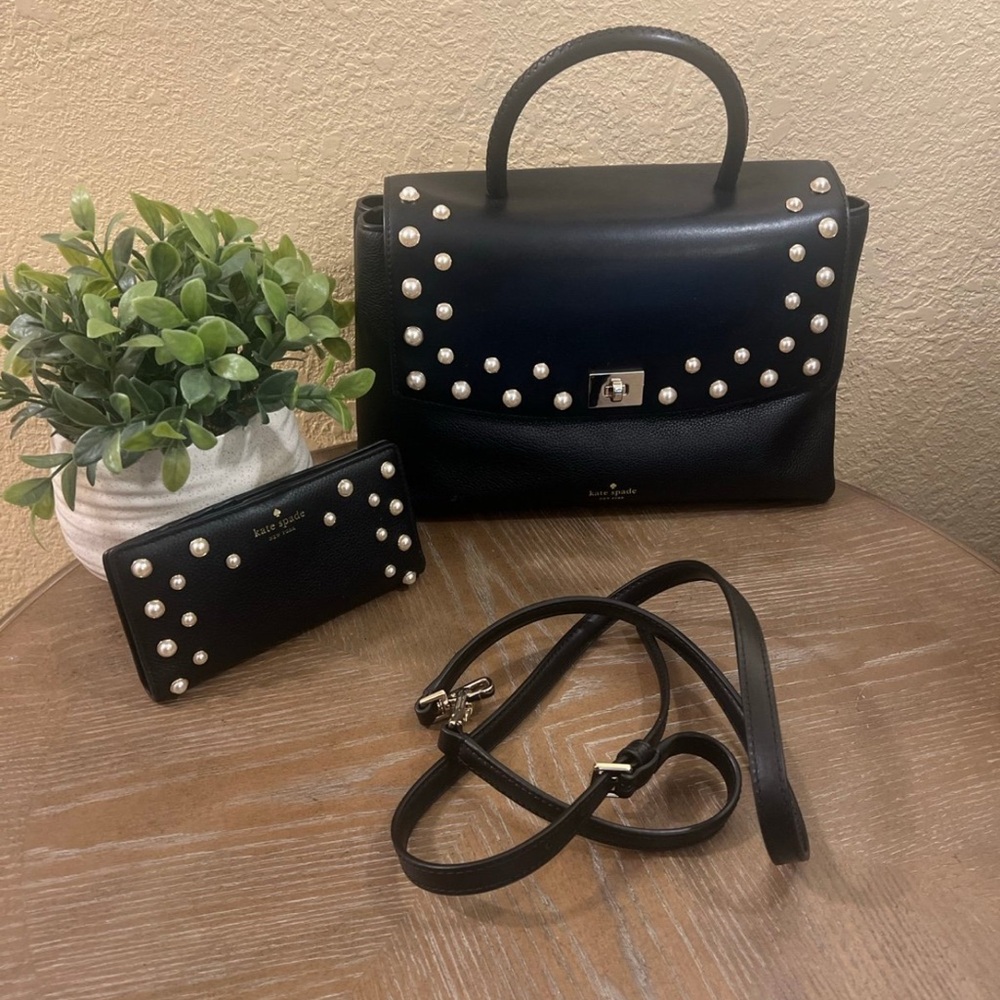 Kate Spade Black Pearl Embellished Satchel and Wallet